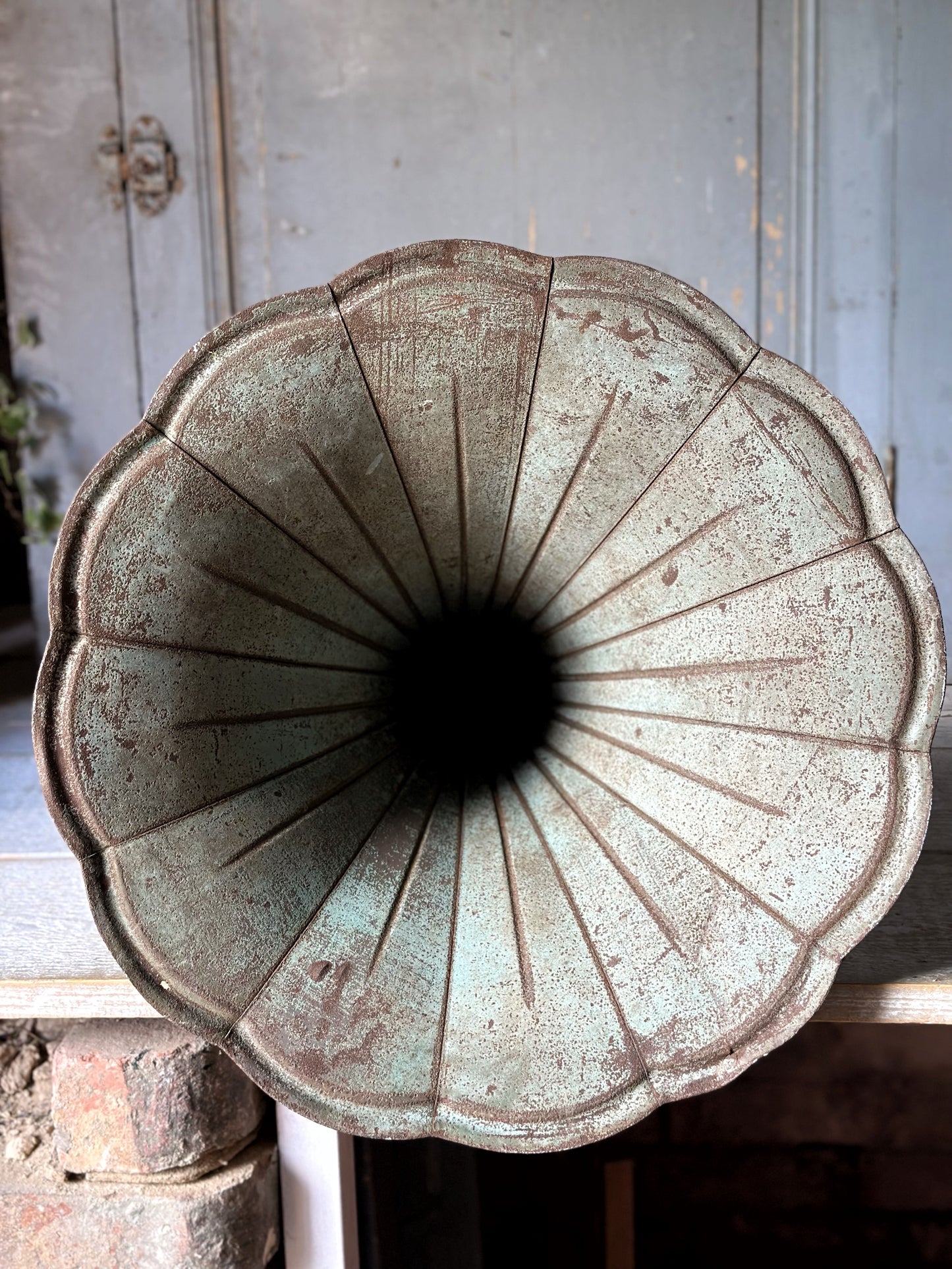 A wonderful antique French tin gramophone funnel and elbow