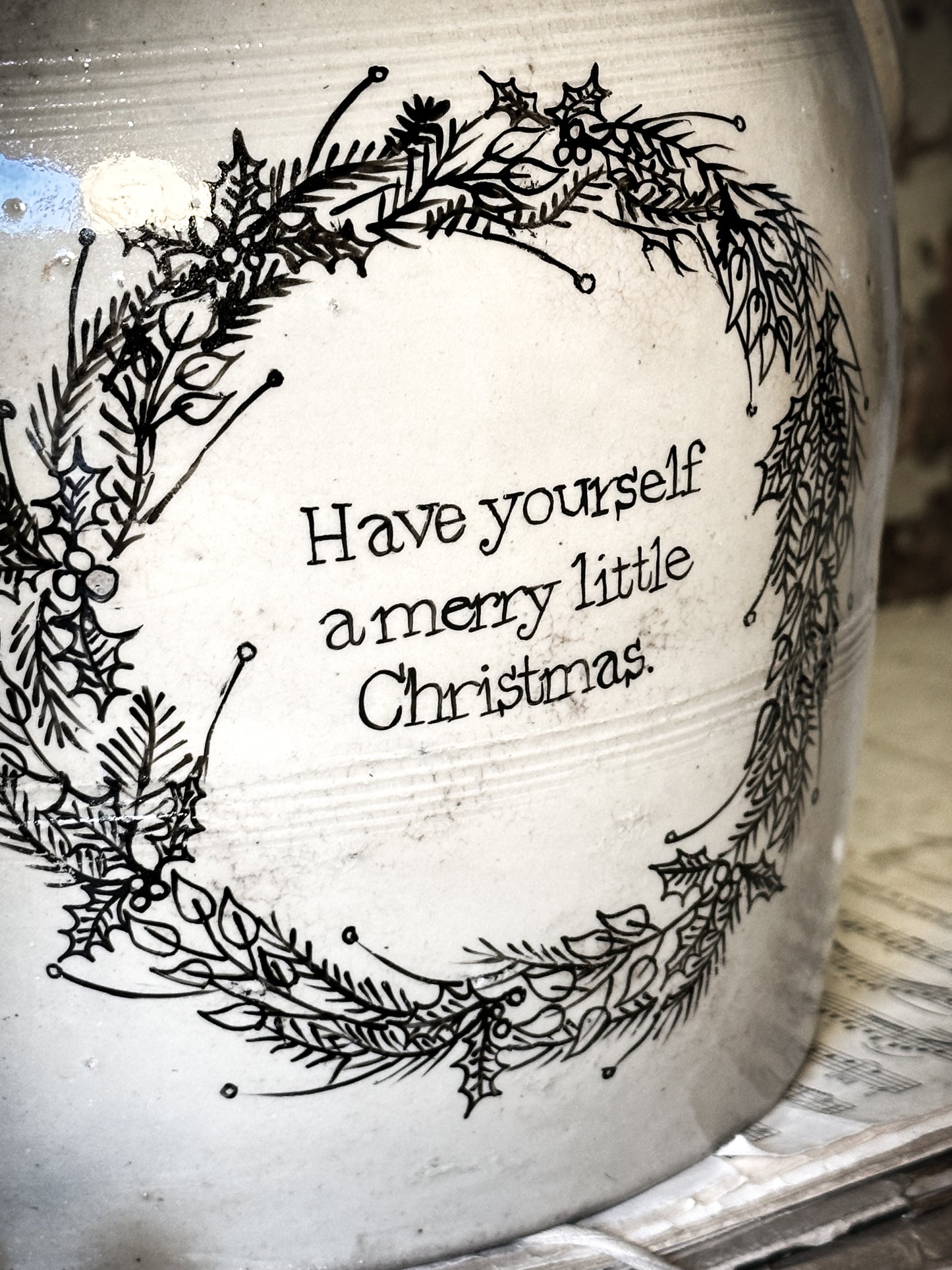 A lovely antique French stoneware confit pot with a hand painted Christmas quote