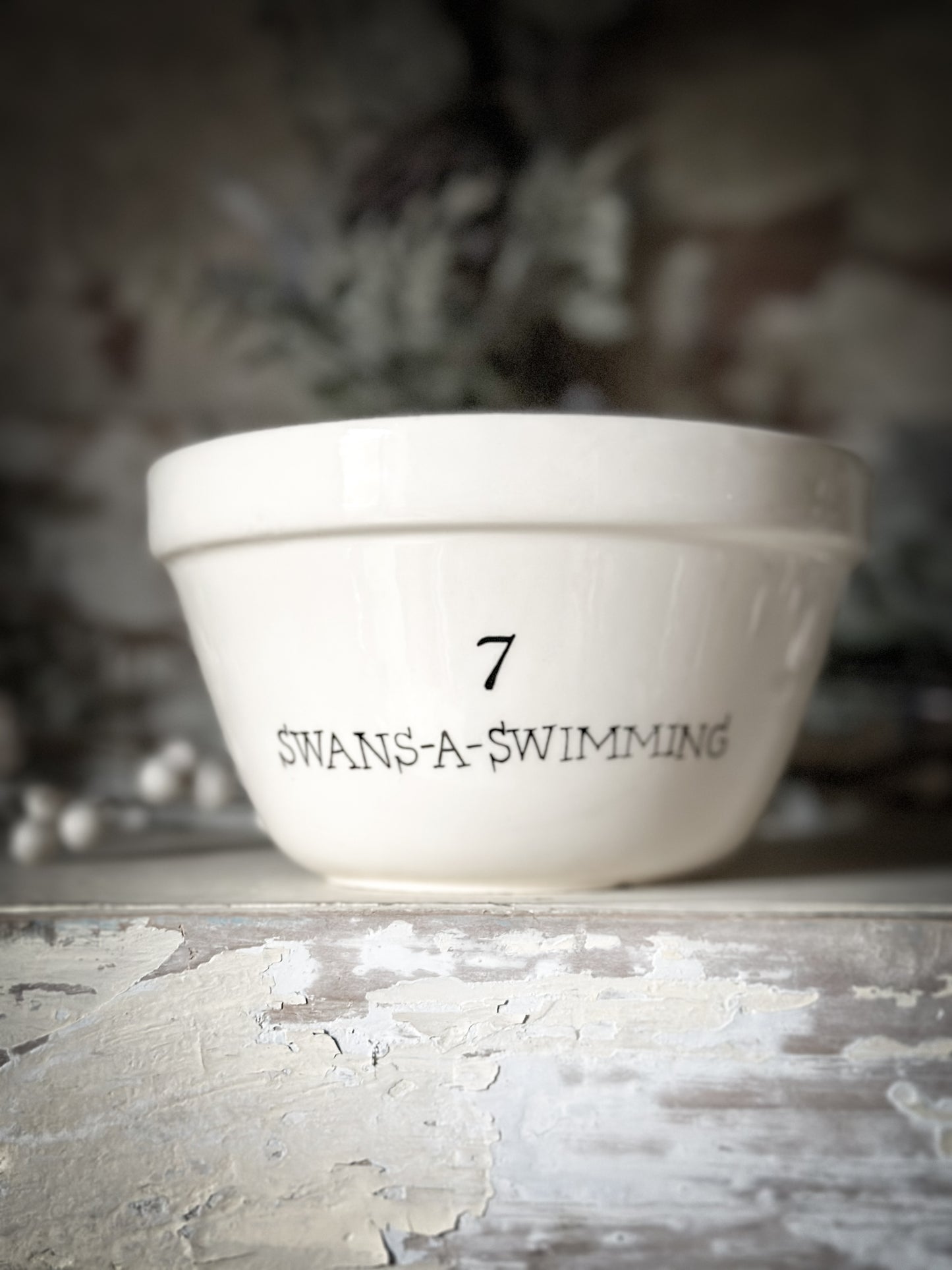 A beautiful vintage Illustrated Ironstone pudding bowl with a hand painted quote