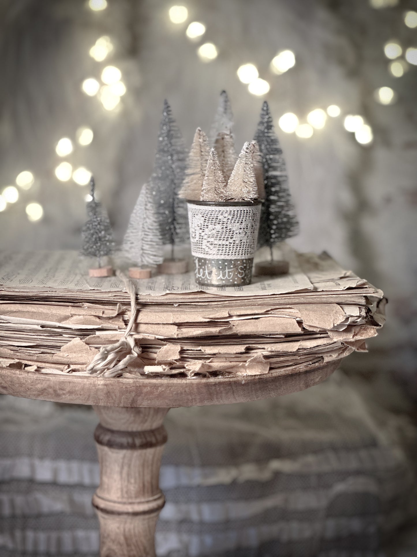 A hand painted vintage Dariole tin with lace trimming and a Christmas quote