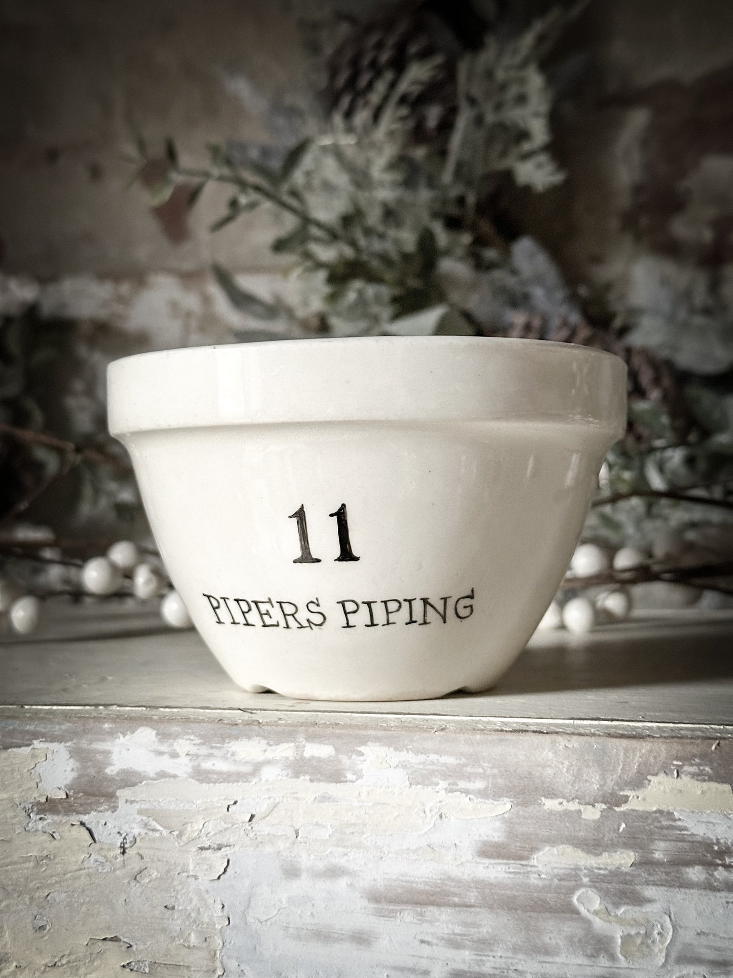 A beautiful vintage Illustrated Ironstone pudding bowl with a hand painted quote
