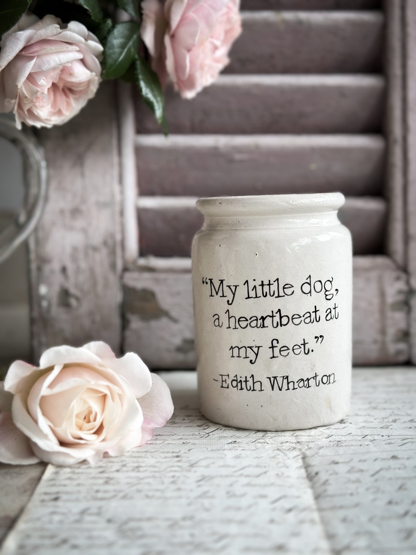 A Victorian unearthed stoneware pottery Jar with a hand painted quote