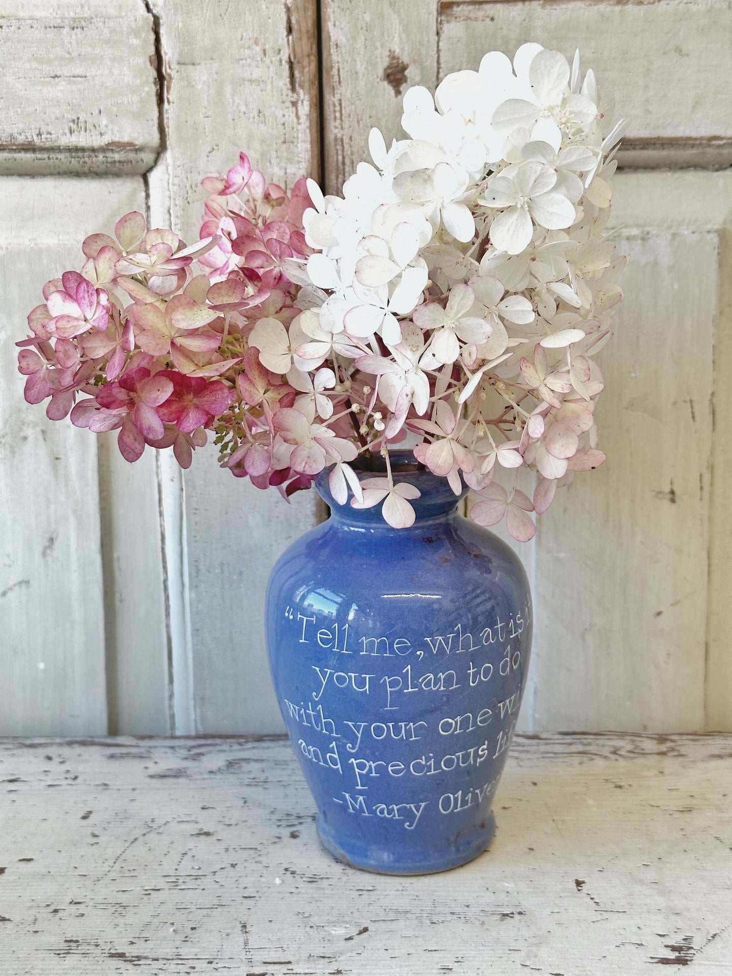 Victorian unearthed stoneware pottery Ronuk polish bottle with a hand painted quote
