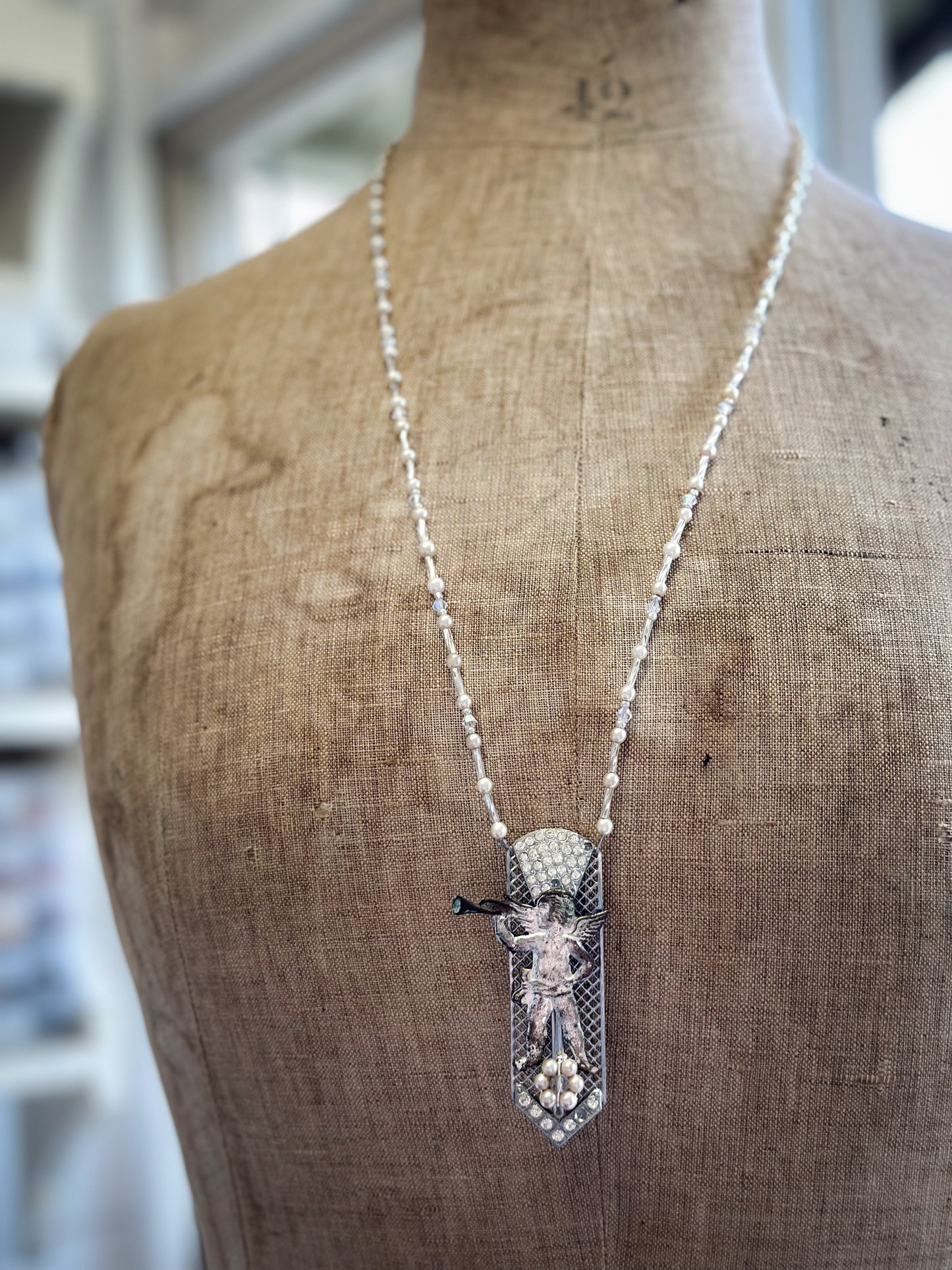 Found Object Art Deco Dress Clip with Cherub Necklace by Jealous Moon Jewellery