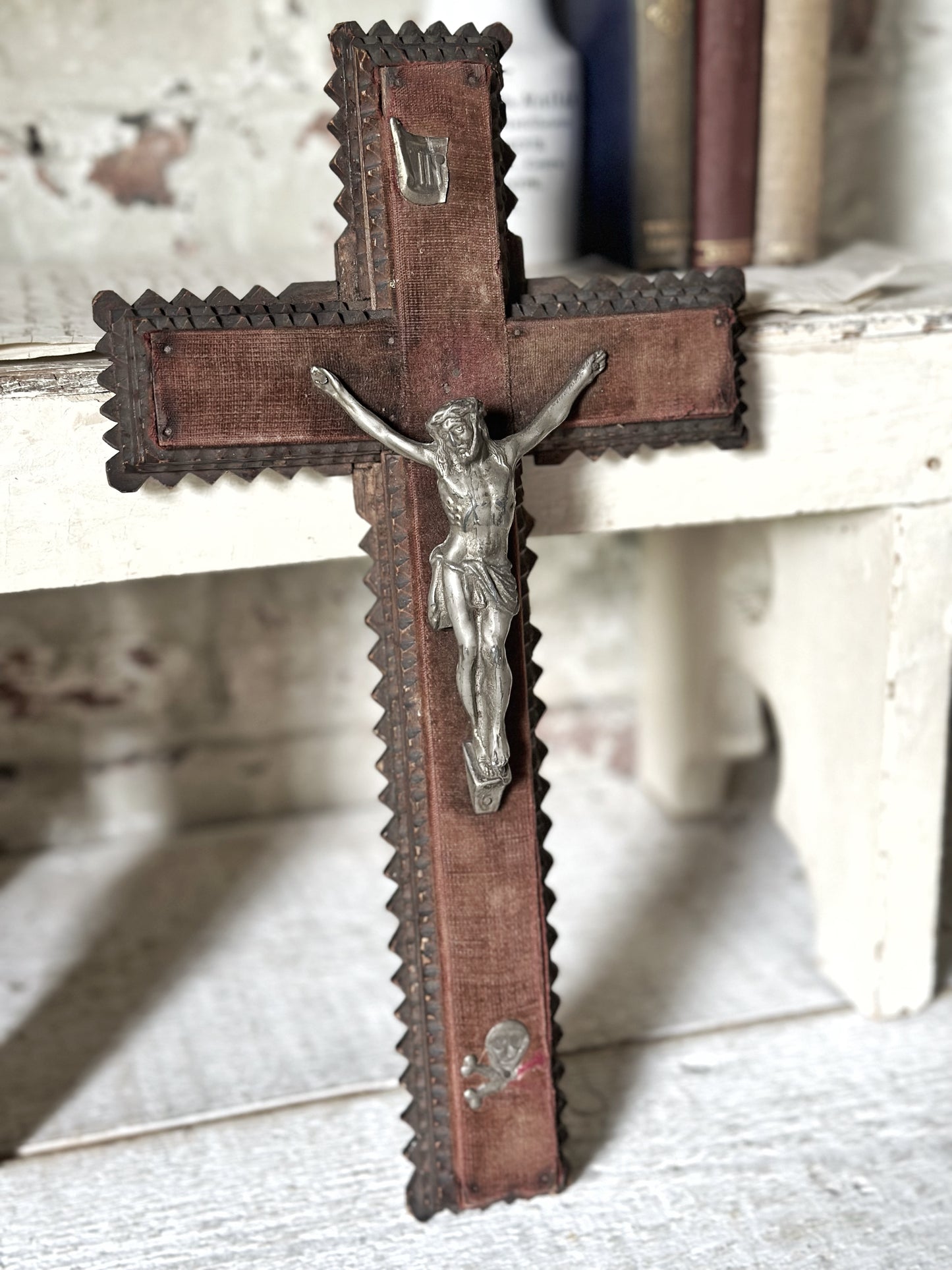 Antique French tramp art Crucifix with velvet