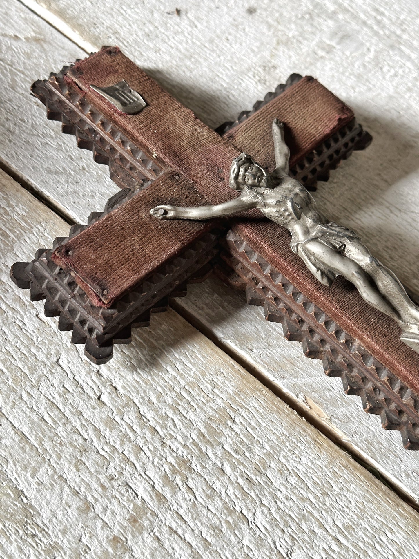 Antique French tramp art Crucifix with velvet