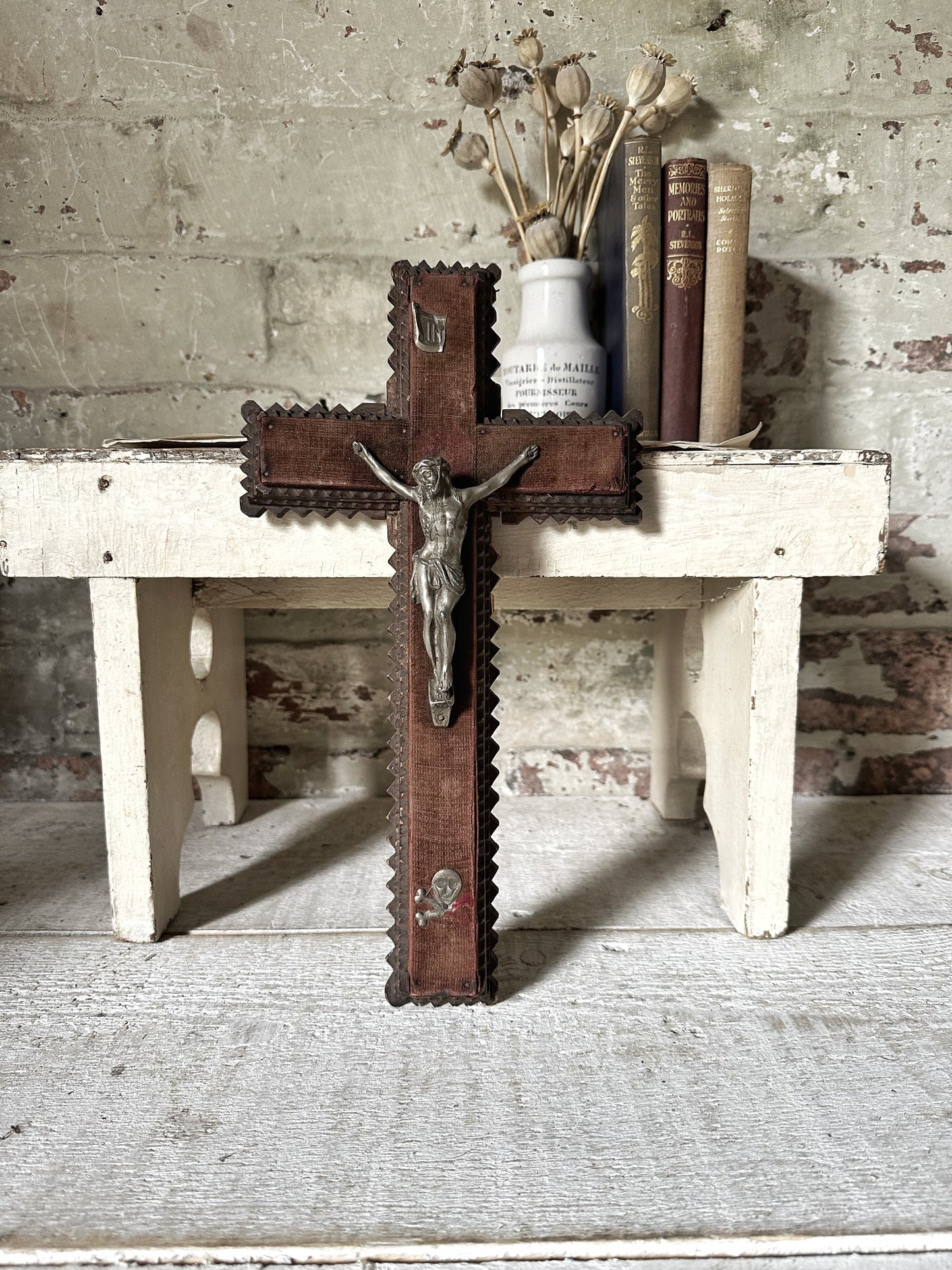 Antique French tramp art Crucifix with velvet
