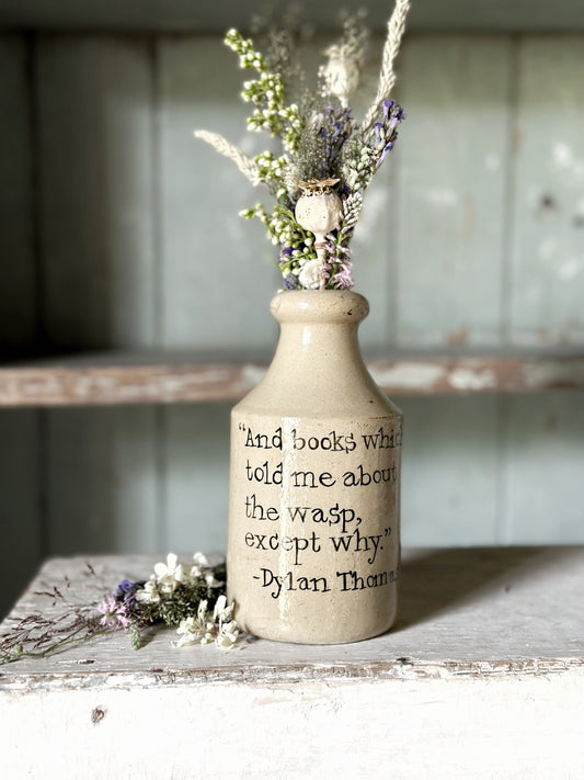 A Victorian unearthed stoneware pottery tall bottle with a hand painted quote