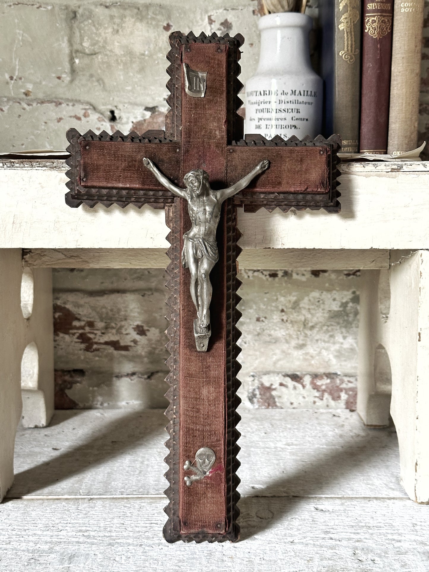 Antique French tramp art Crucifix with velvet
