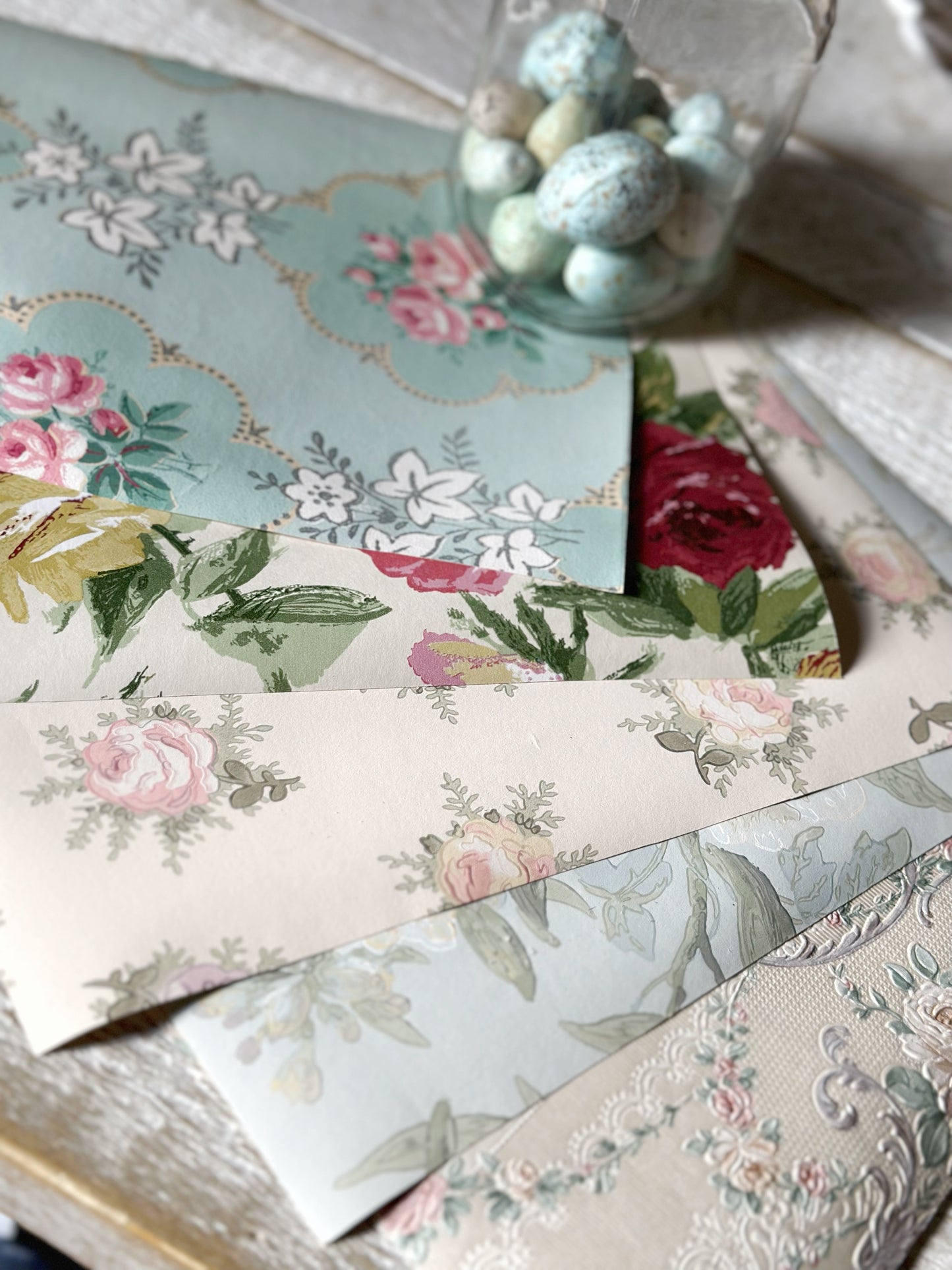 Roll of five A4 pieces of original antique and vintage wallpaper sheets