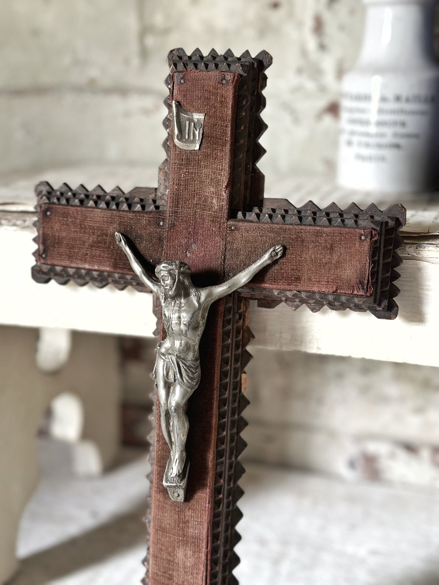 Antique French tramp art Crucifix with velvet