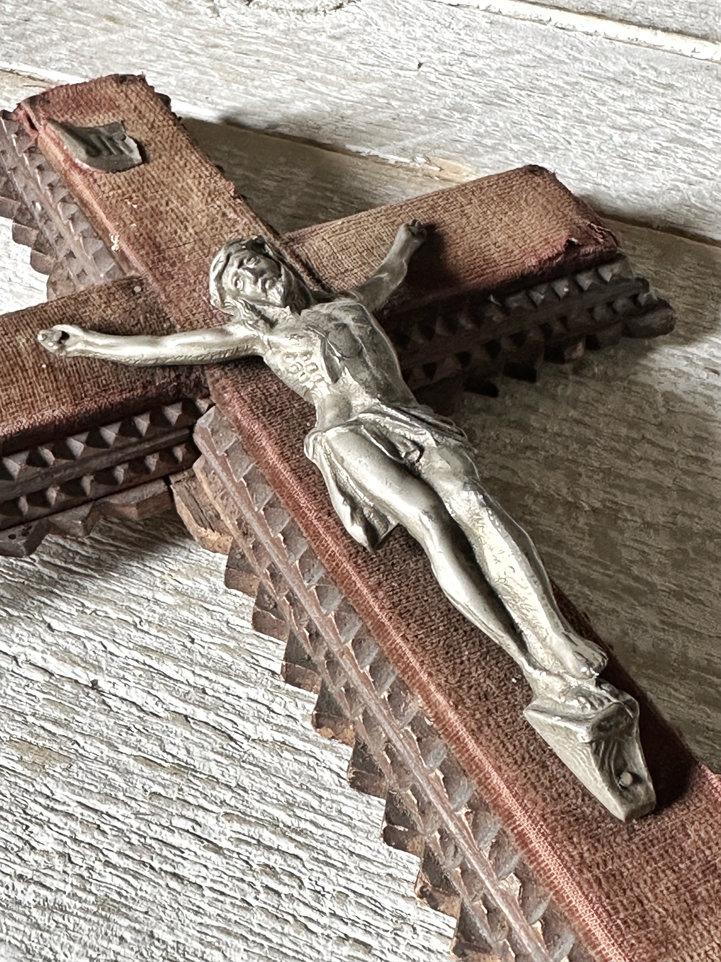 Antique French tramp art Crucifix with velvet
