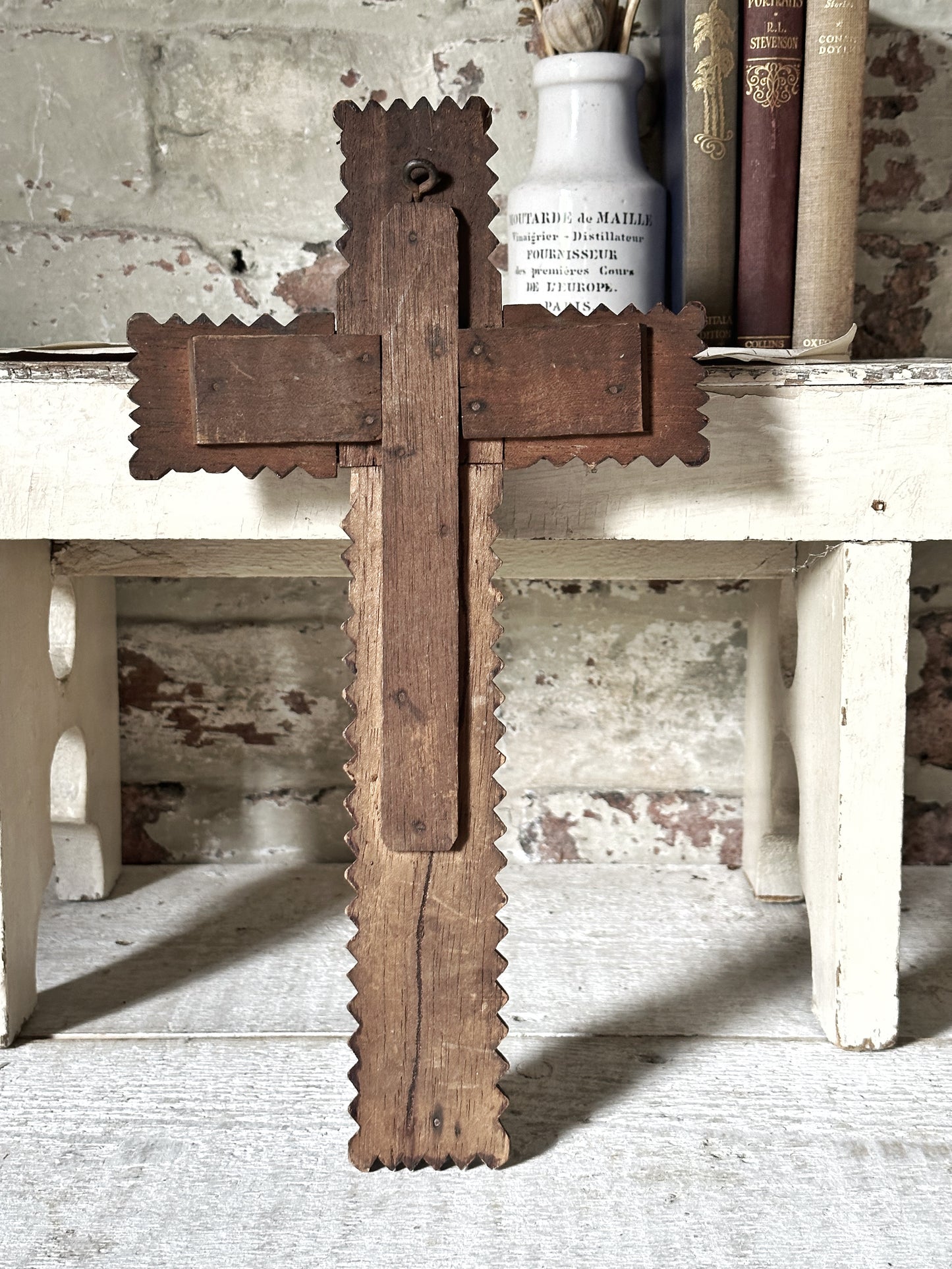 Antique French tramp art Crucifix with velvet