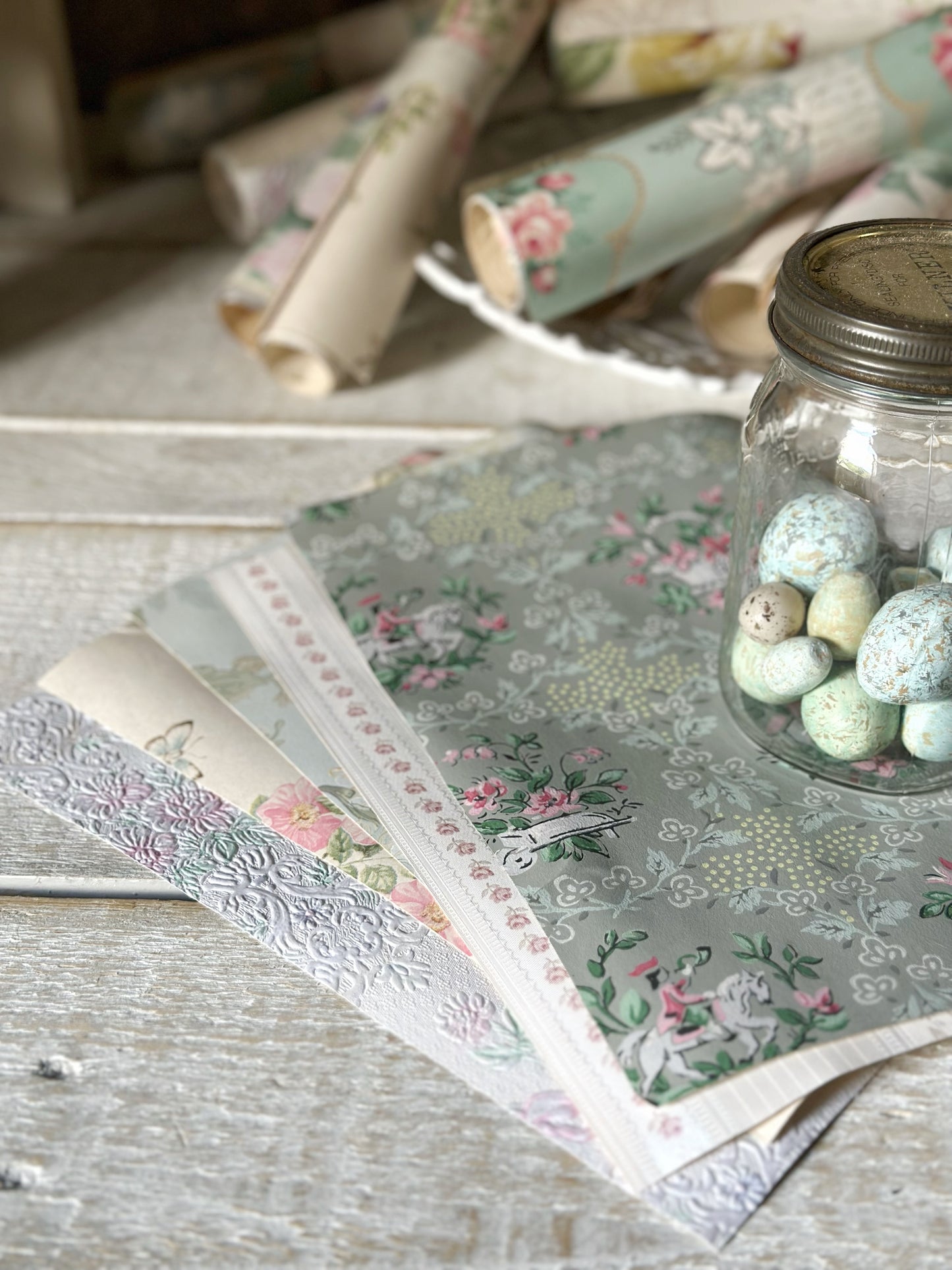 Roll of five A4 pieces of original antique and vintage wallpaper sheets