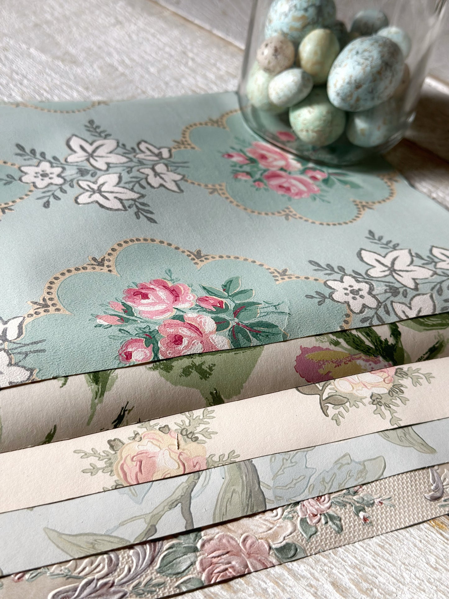 Roll of five A4 pieces of original antique and vintage wallpaper sheets