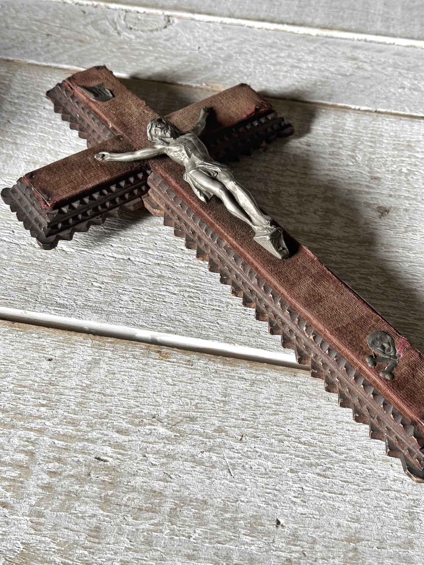 Antique French tramp art Crucifix with velvet