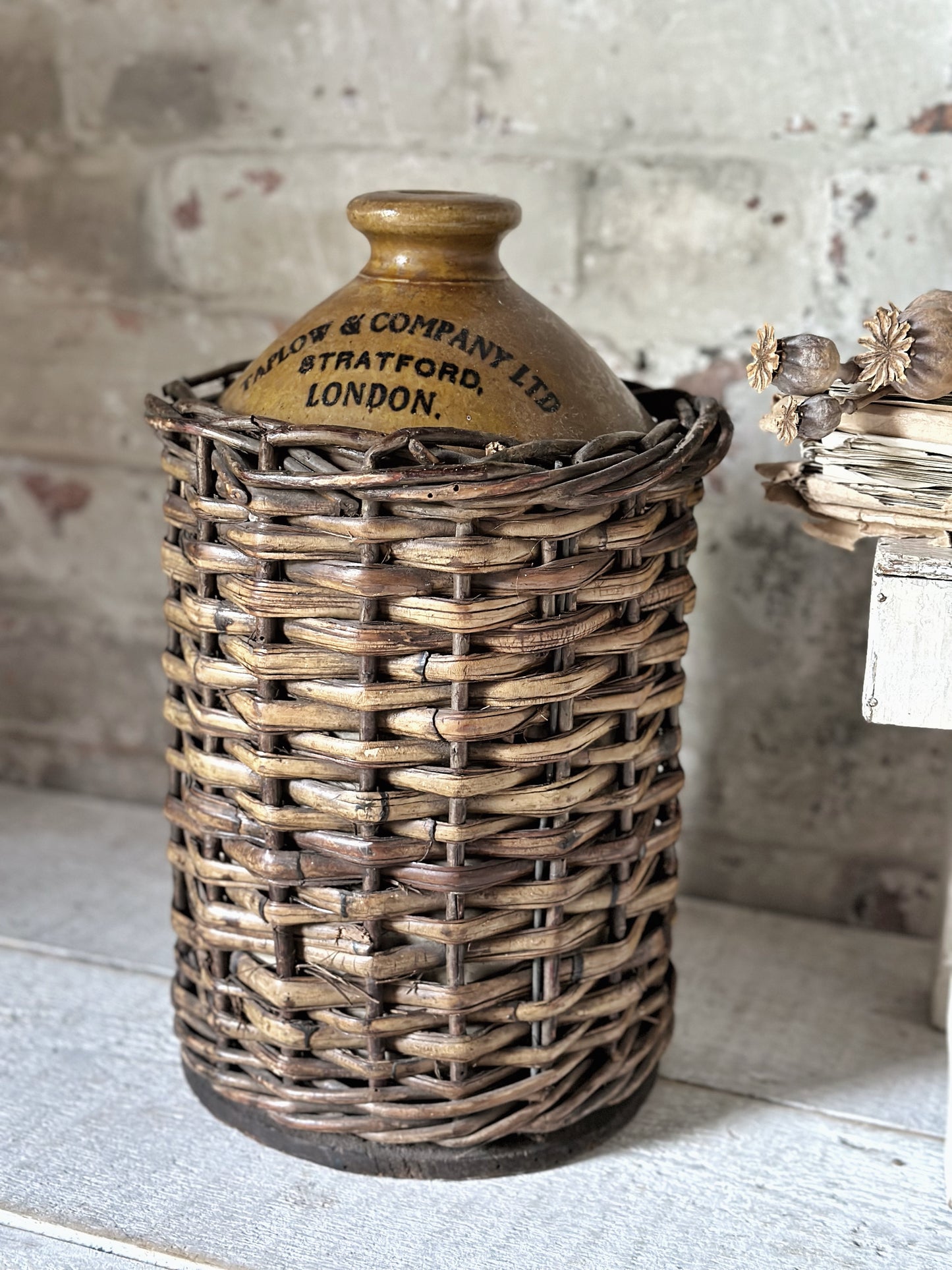 Incredible large wicker wine bottle “Taplow & Company Ltd. Stratford” by Skey Tamworth