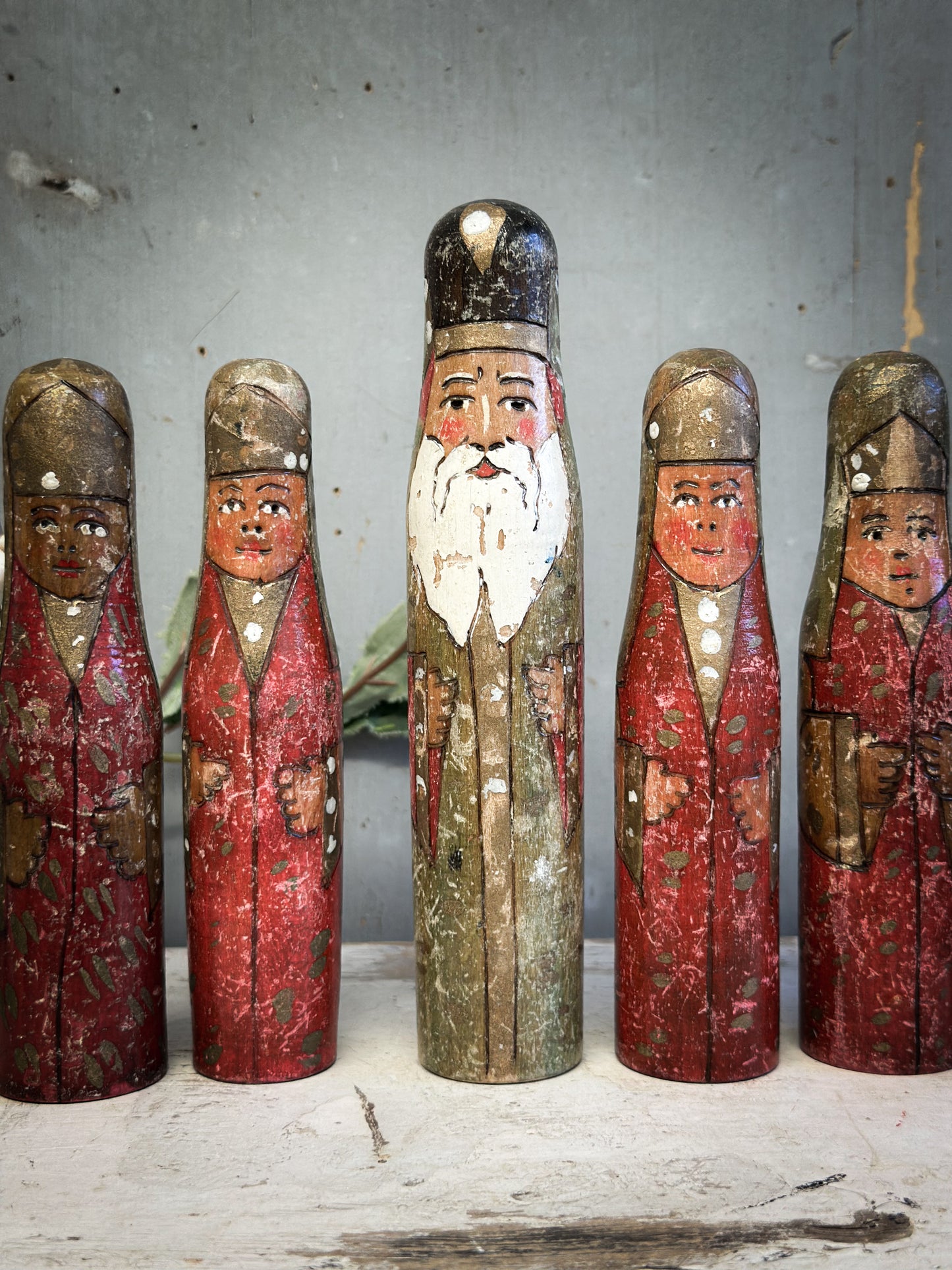 Exquisite Antique Hand-Carved Santa Figures – Set of Six (c. 1920–1930, Ex-Bletchley Museum Collection)
