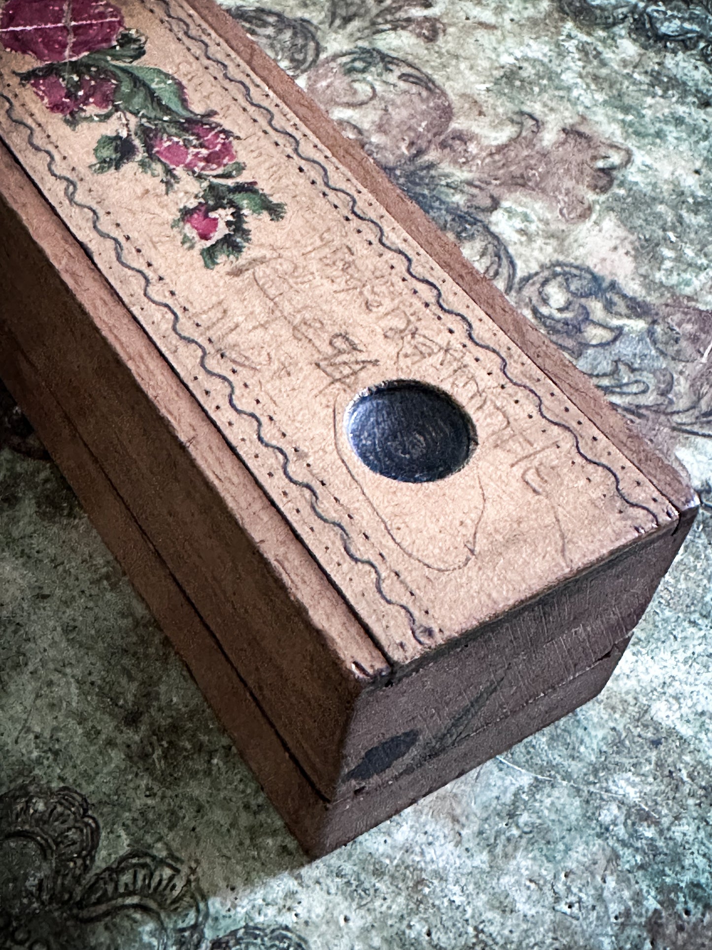 Vintage Wooden School Pencil Case with Roses