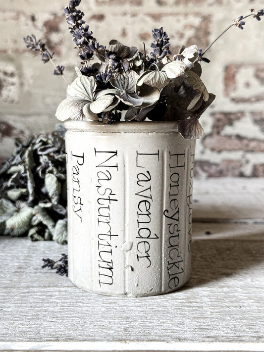 A Victorian Stoneware Preserve jar with hand painted botanical names pot