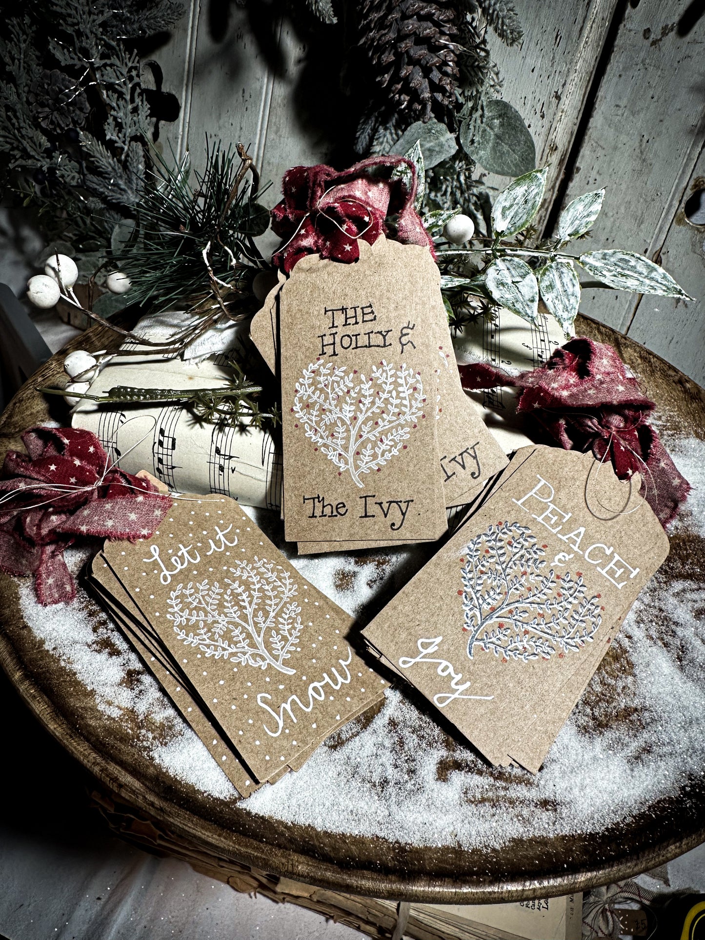 Pretty hand finished and illustrated gift tags with vintage French Fabric ties “Let it Snow”