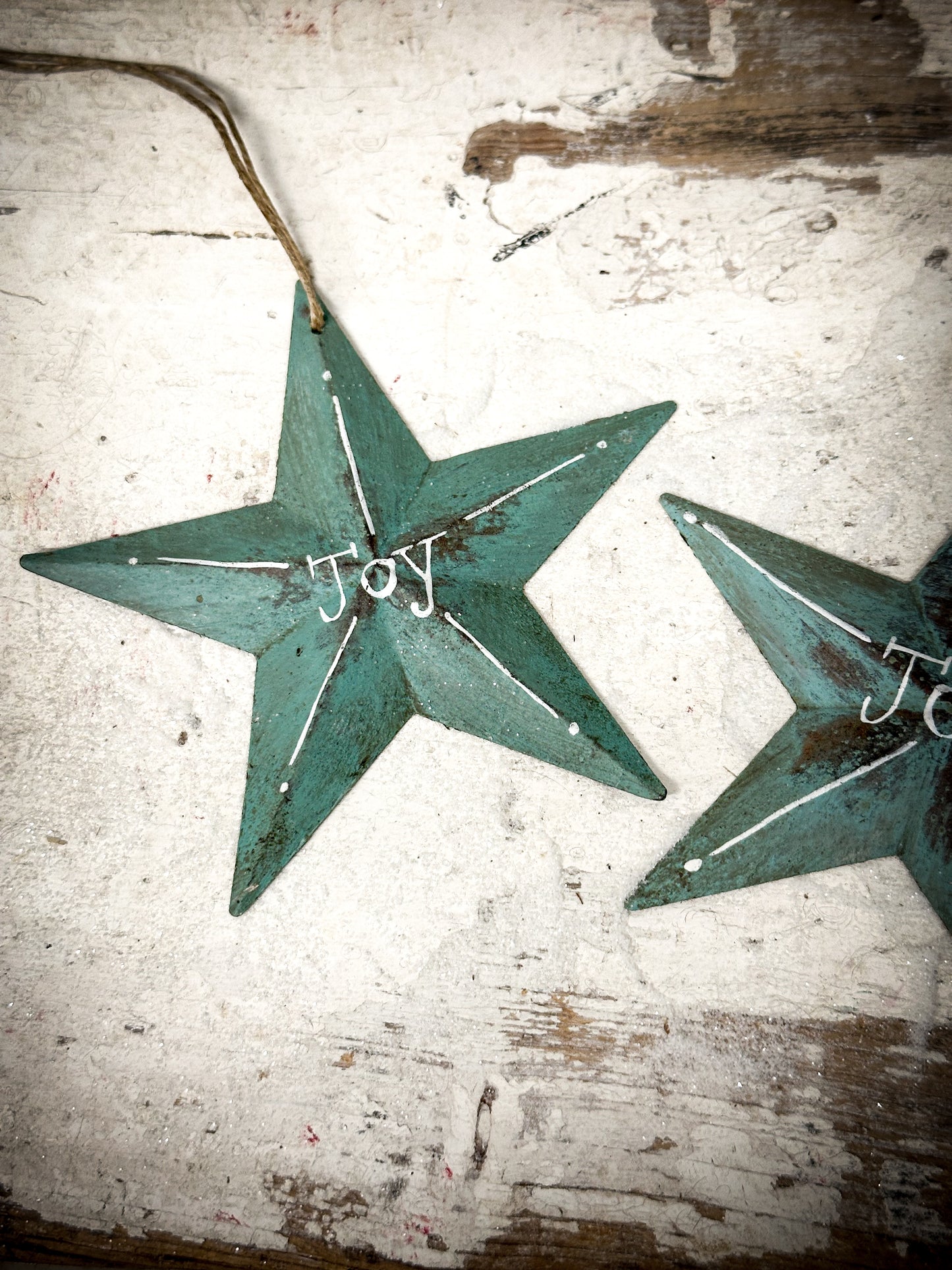 A Large Turquoise Tin Barn Star Christmas Decoration “Joy”