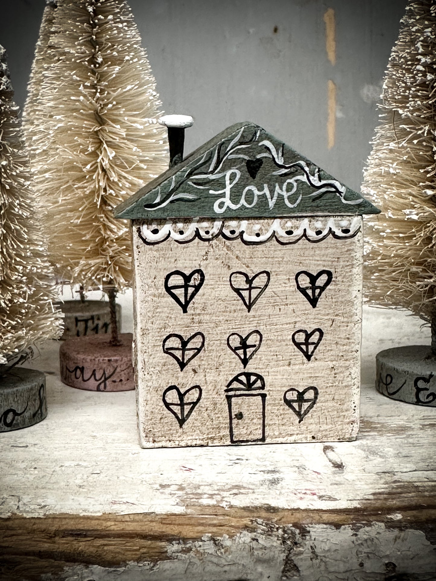 A Large Vintage German Erzgebirge Putz Wooden Village House “Love”