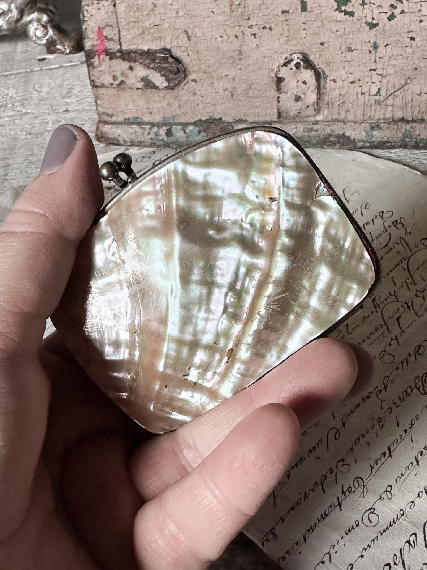 Antique Mother of Pearl Coin Purse – French Compact