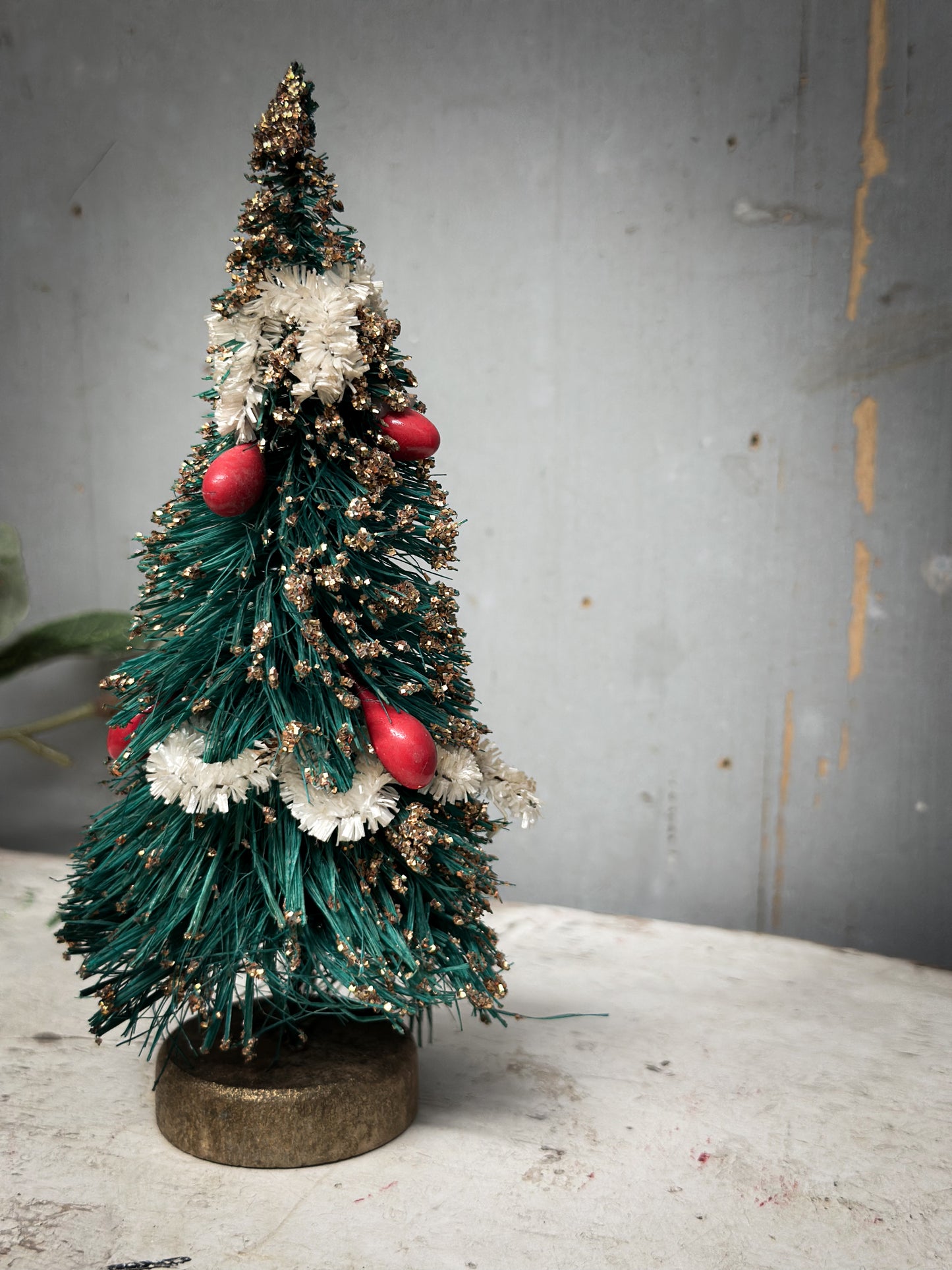 A Pair of Mid-Century Japanese Bottle-Brush Christmas Trees with Baubles – c.1950s–60s