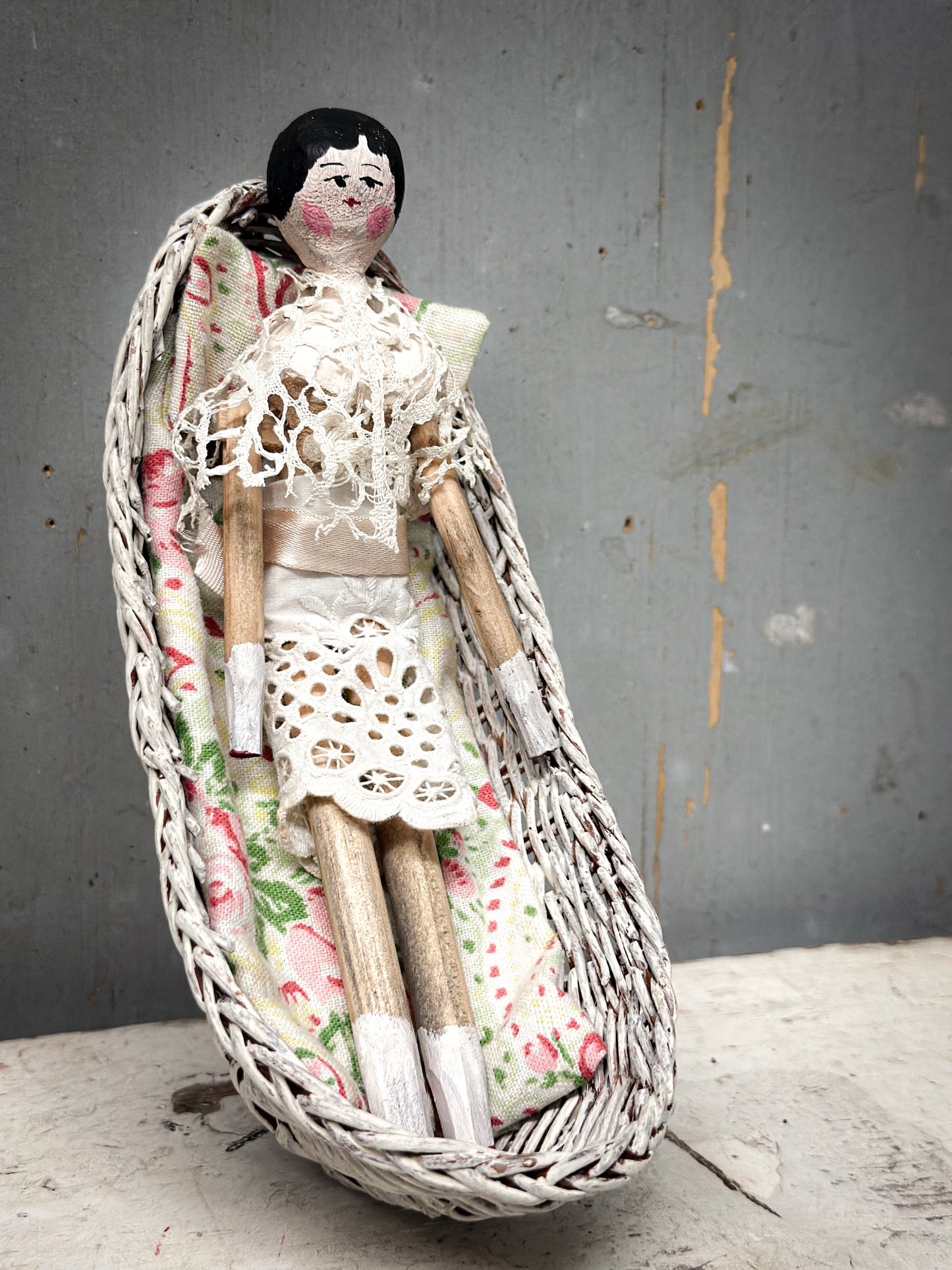 Antique Peg Doll / Grodnertal Doll with Wicker Crib