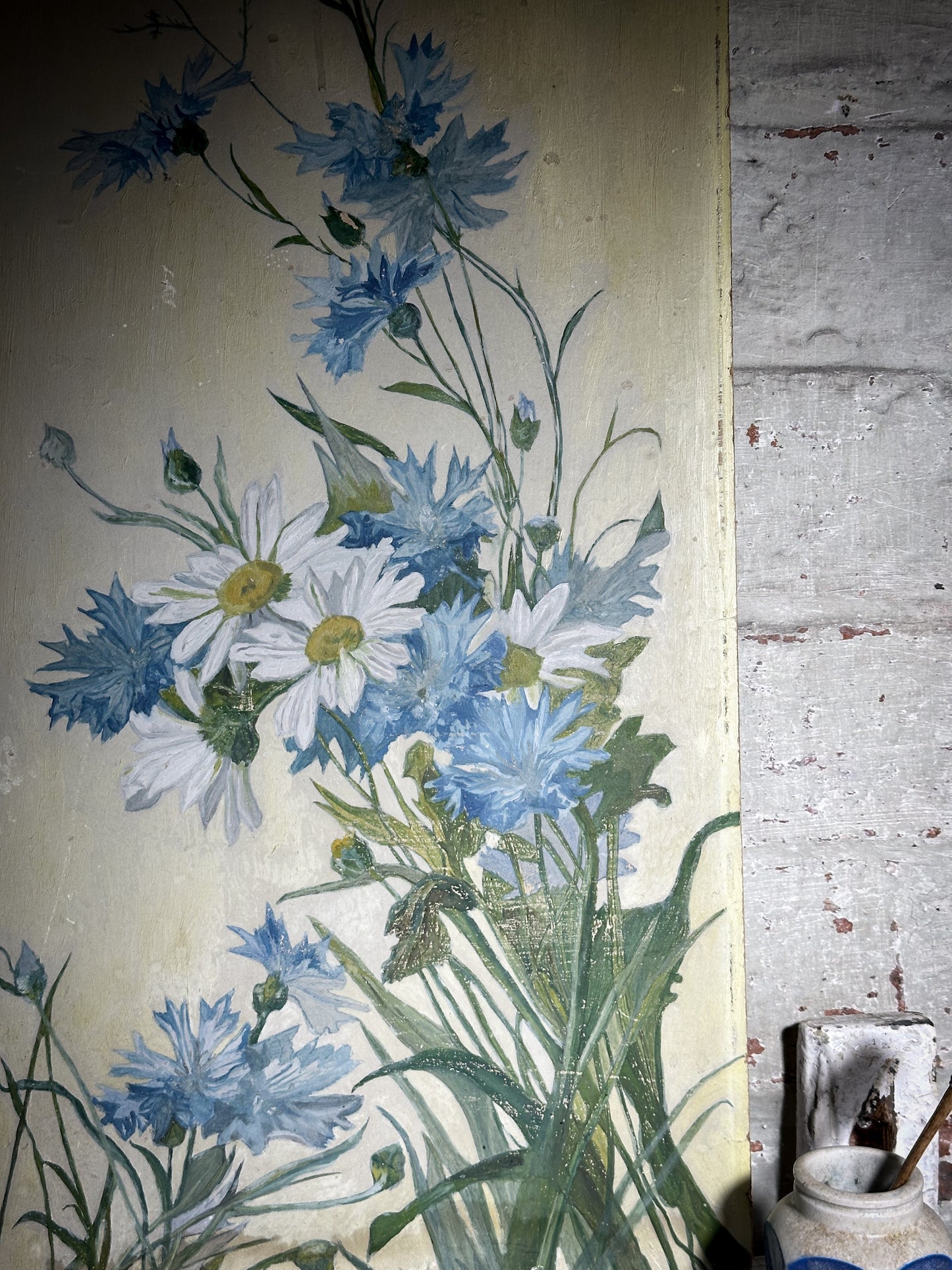 A Vintage oil on board painting of Daisies and Cornflowers