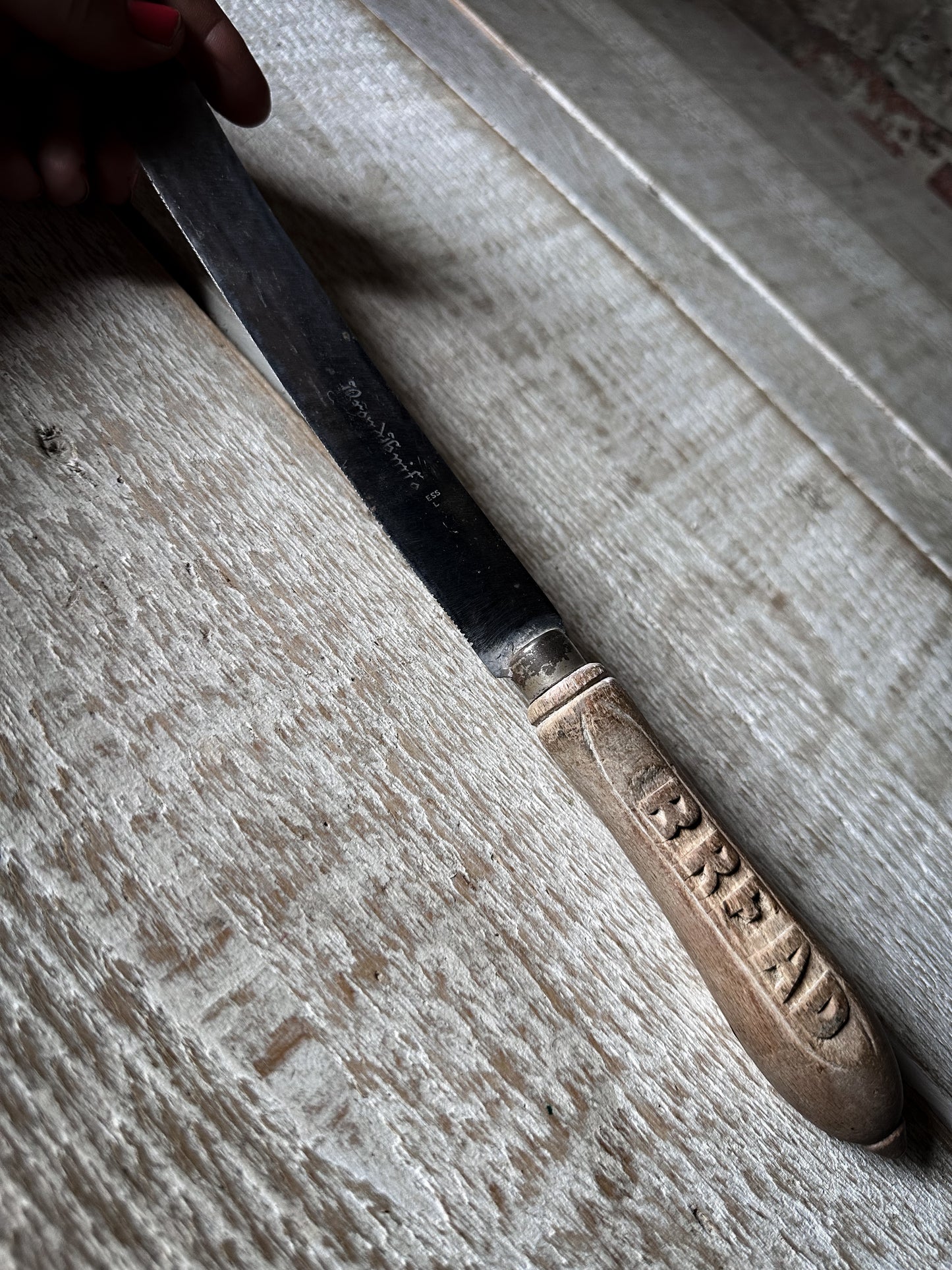 Antique English Treen Bread Knife | Hand-Carved “BREAD” Folk Art Handle | 33cm Kitchenalia