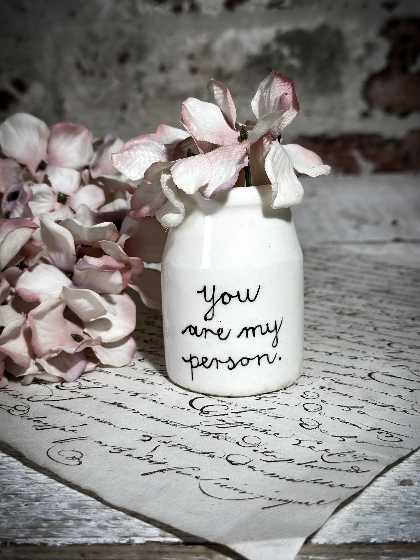 An Antique Creamery Vase Bottle with a Hand Painted Inspirational Quote