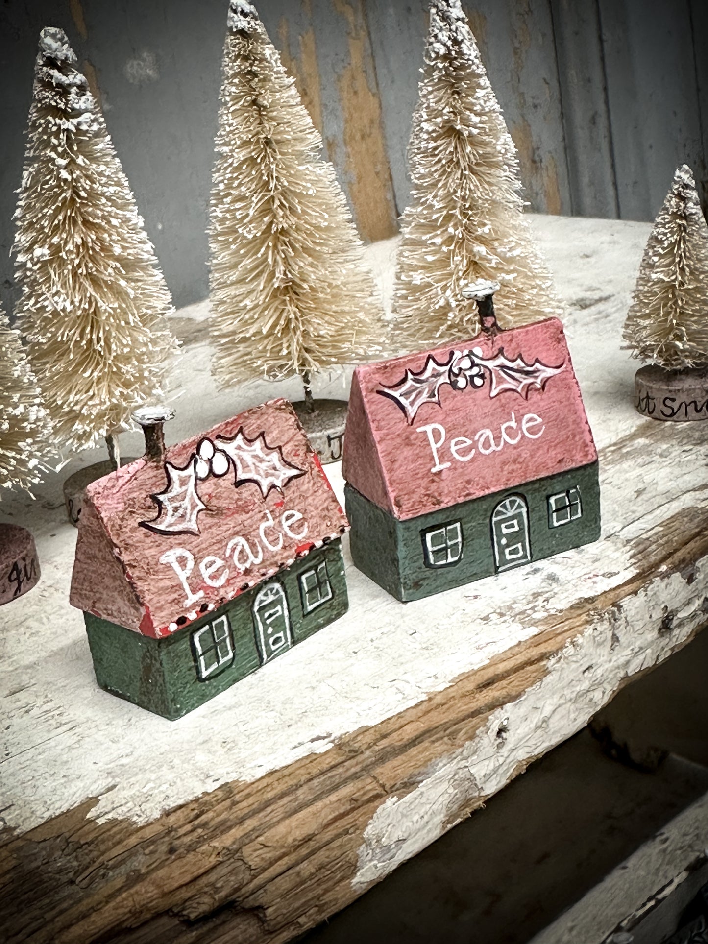 A small Vintage German Erzgebirge Putz Wooden Village House “Peace”