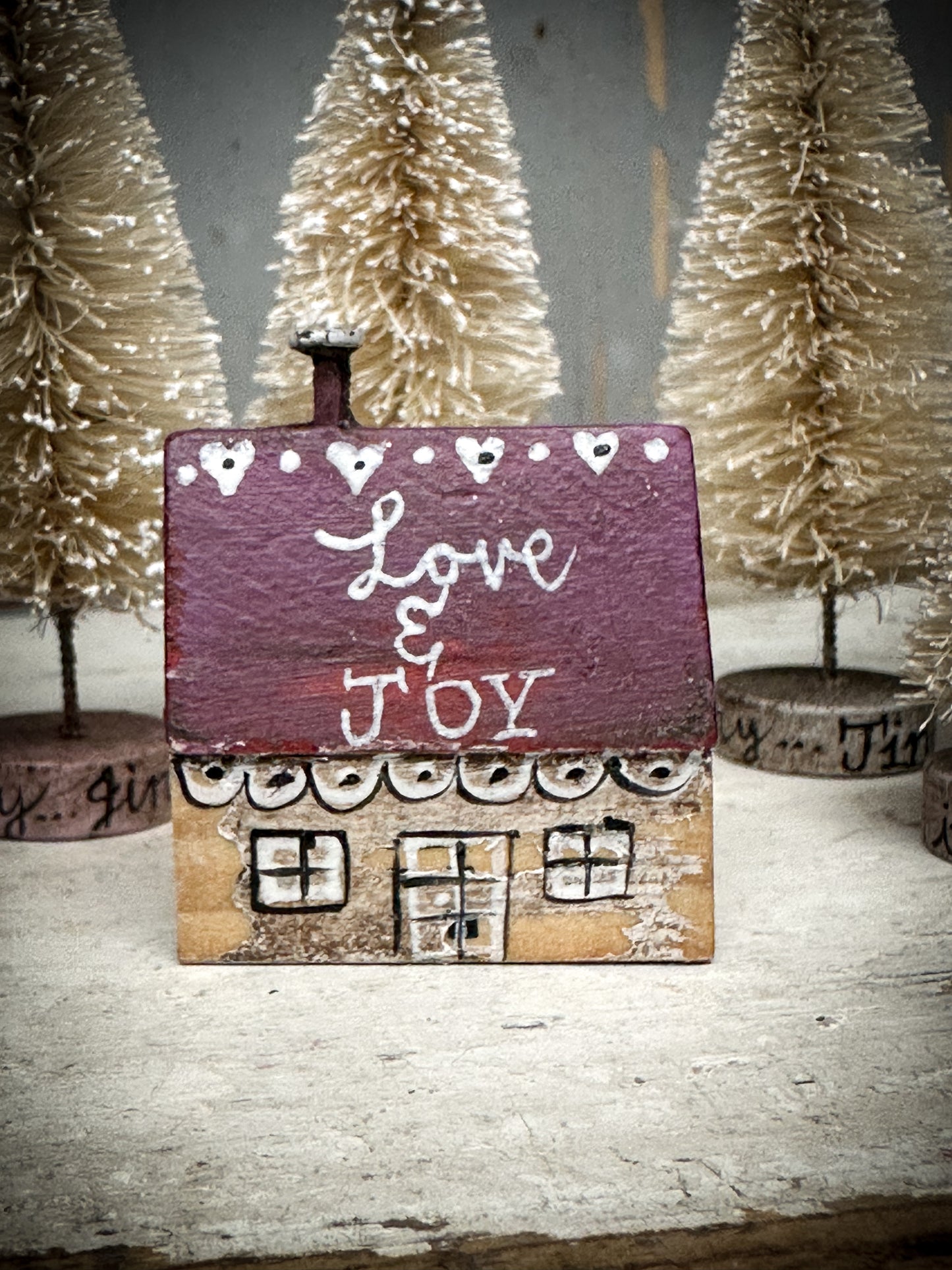 A small Vintage German Erzgebirge Putz Wooden Village House “Love & Joy”