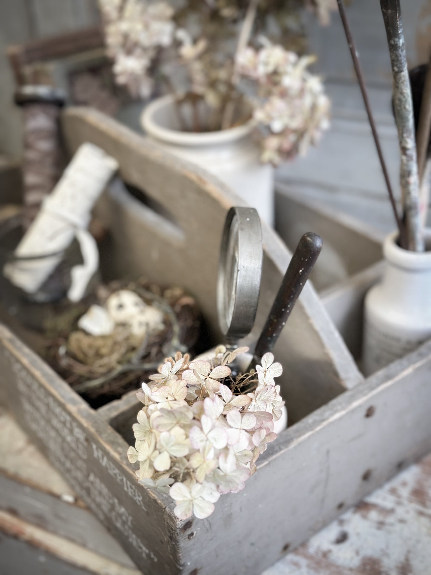 A Large Vintage French Chippy Paint Wooden Trug With Garden Quote