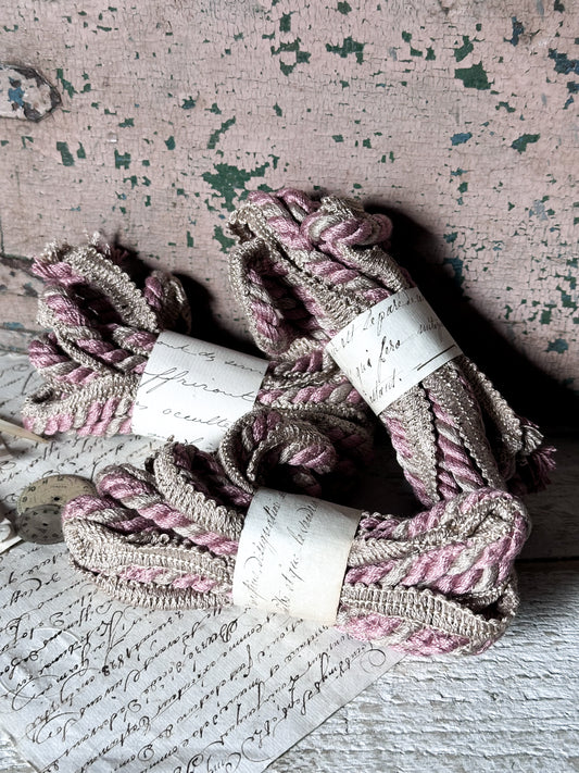 Vintage French Passementerie Trim – Pink and Cream Silk Braid with Original Paper Wrap