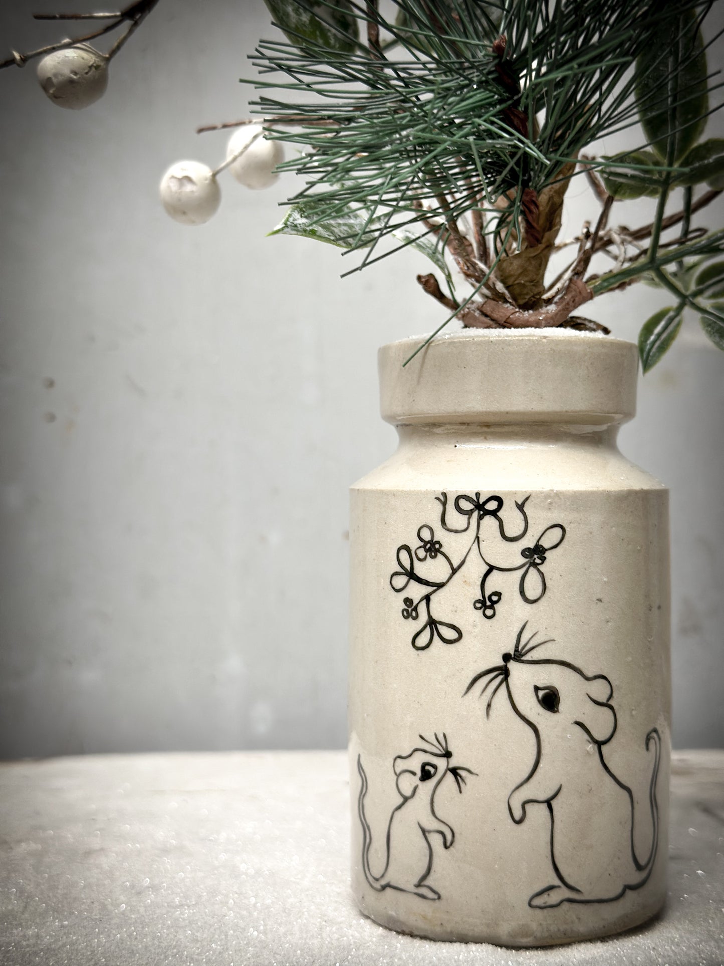 A Hand Painted Mini Victorian Illustrated “ Baby’s First Christmas” Stoneware Bottle