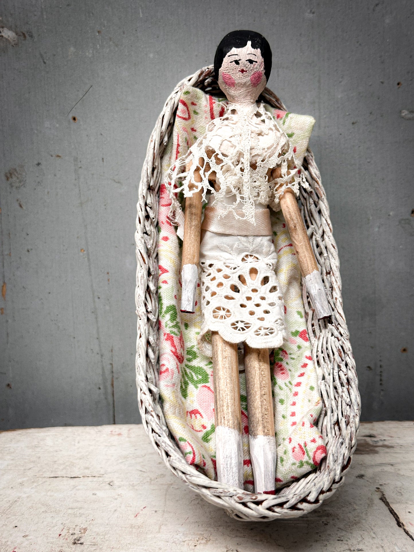 Antique Peg Doll / Grodnertal Doll with Wicker Crib