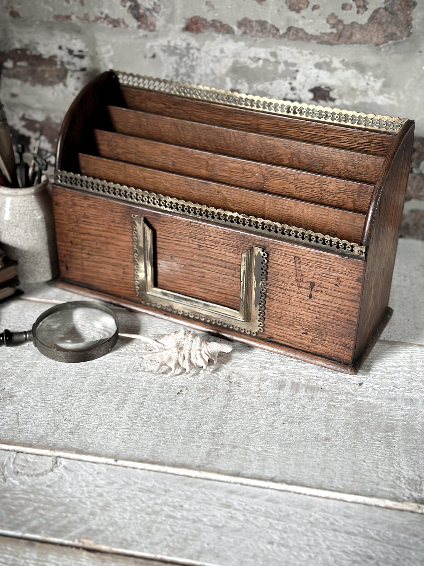 Victorian Oak Letter Rack with brass fretwork