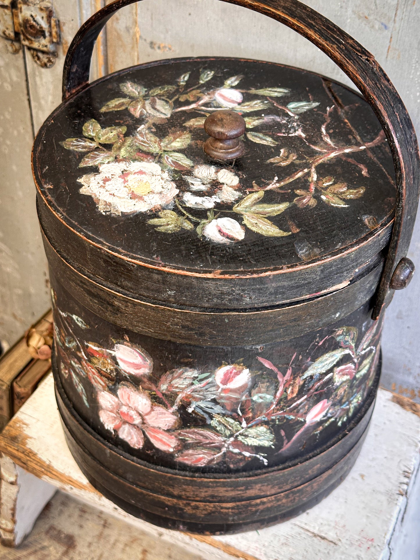 Antique Hand Painted Wooden Firkin Bucket (Scandi Folk Style)