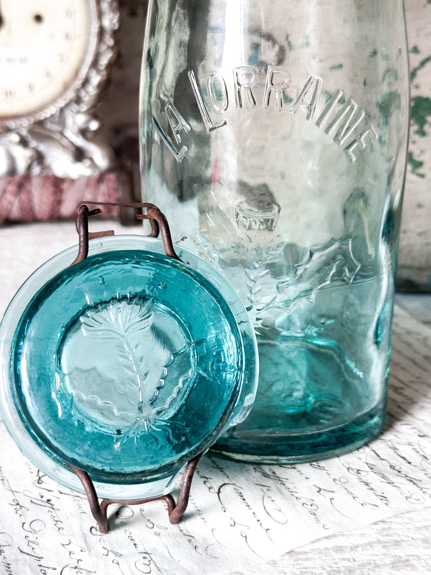 Vintage French Glass Jar – “La Lorraine” Aqua Storage Jar with Lid