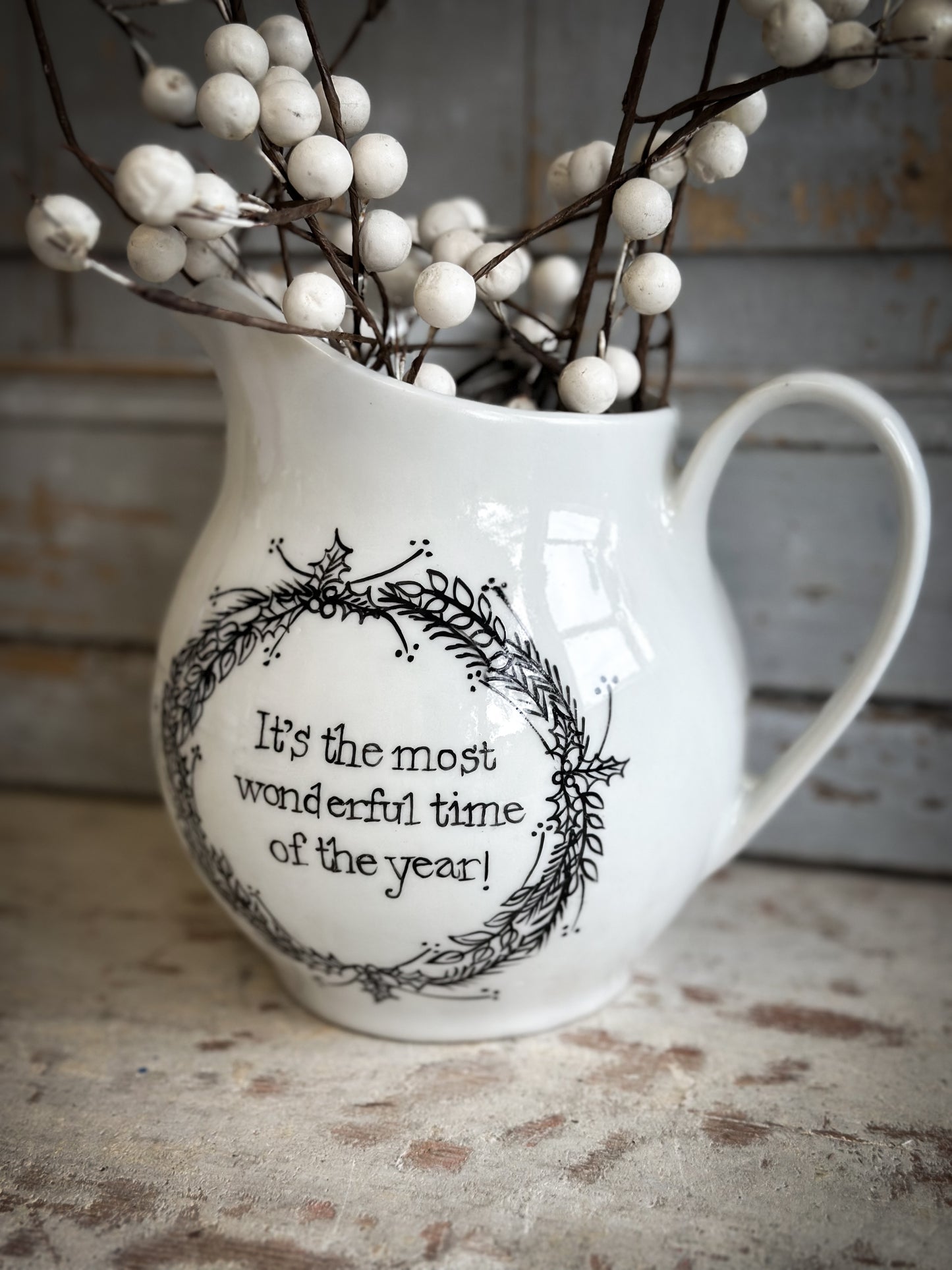 A beautiful Vintage Ironstone jug with a Christmas hand painted quote