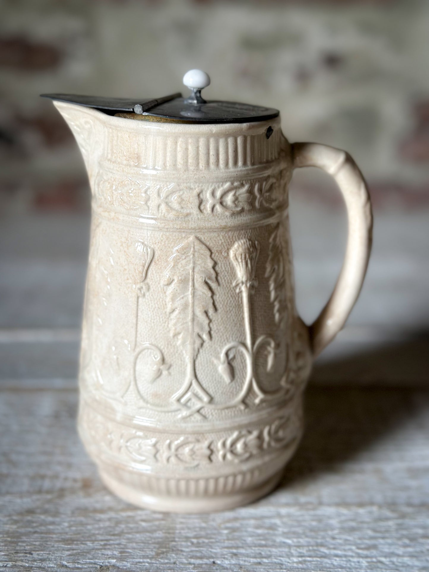 Antique Victorian Creamware Jug with Original Self-Closing Pewter Patent Lid