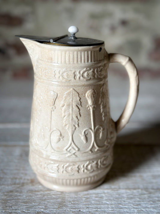Antique Victorian Creamware Jug with Original Self-Closing Pewter Patent Lid