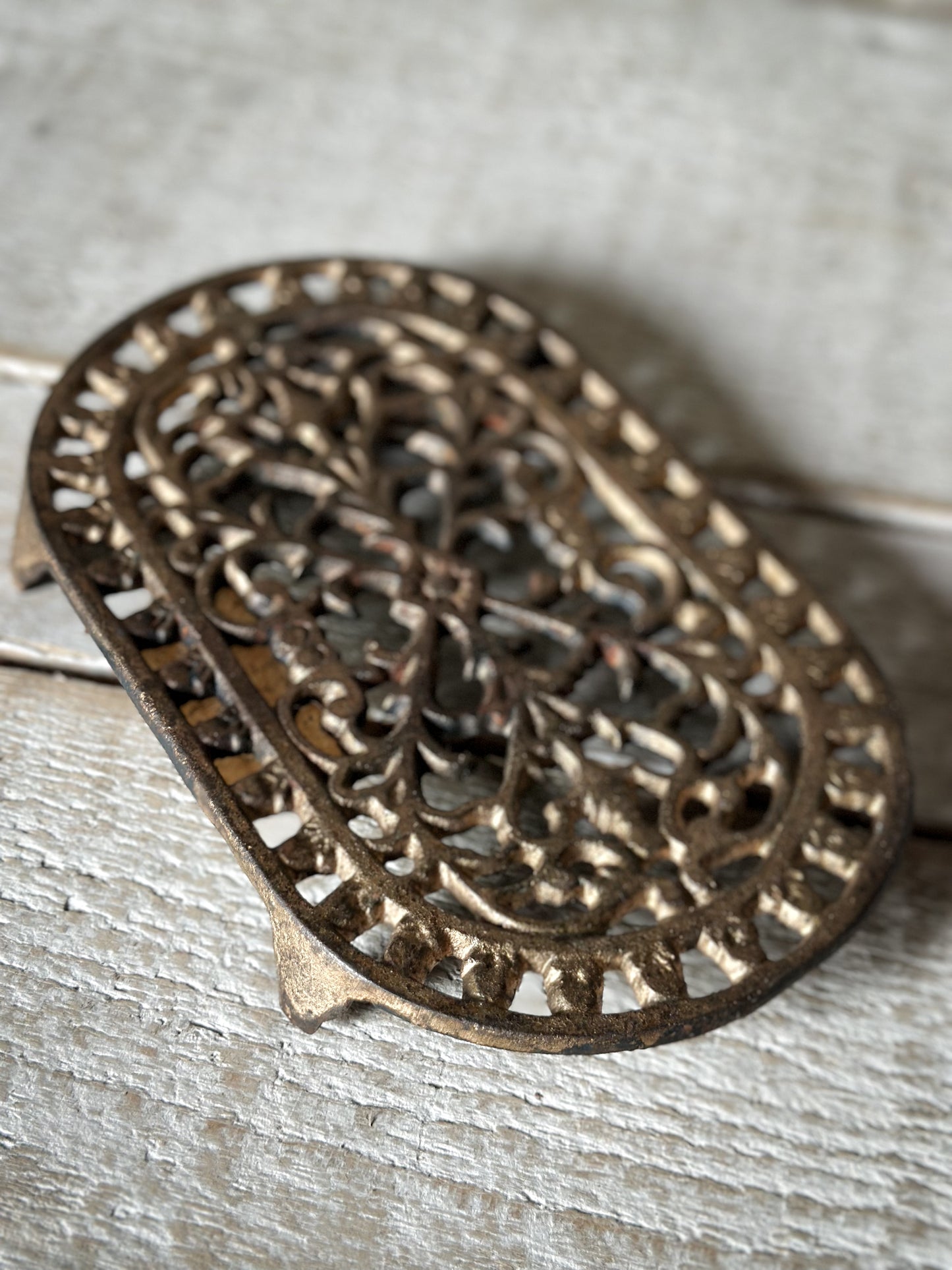 Antique Victorian Cast Iron Trivet with Gilt Decoration