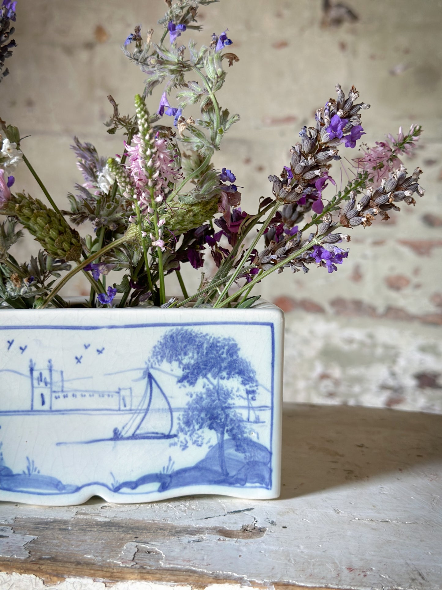 A beautiful Isis by Deborah seers Oxford, blue and white flower brick, tulipiere, flower frog, blue and white tin glaze vase