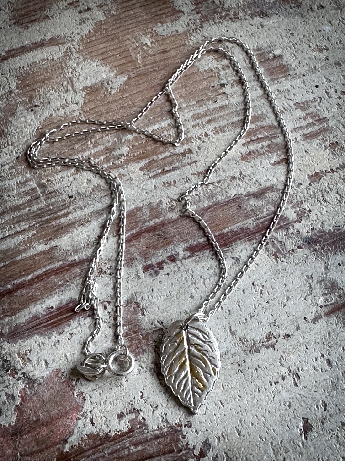 Sunlit Leaf Necklace – Fine Silver Leaf with Keum Boo Gold Detail