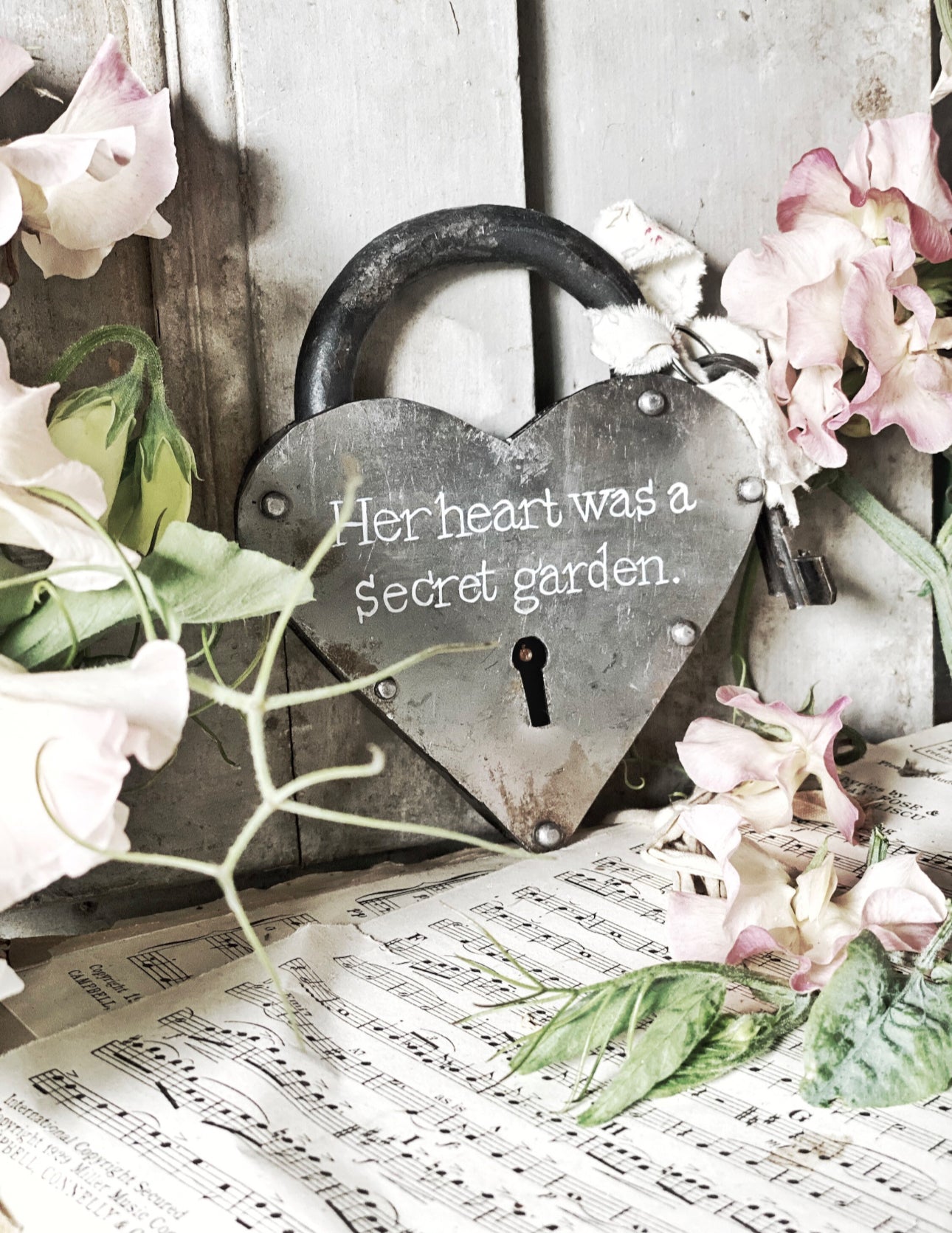 A beautiful hand painted rustic heart iron padlock with keys  "Her heart was a secret garden." A unique Valentine’s Day gift