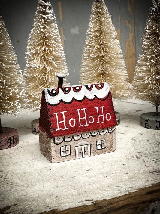 A small Vintage German Erzgebirge Putz Wooden Village House “Ho Ho Ho”